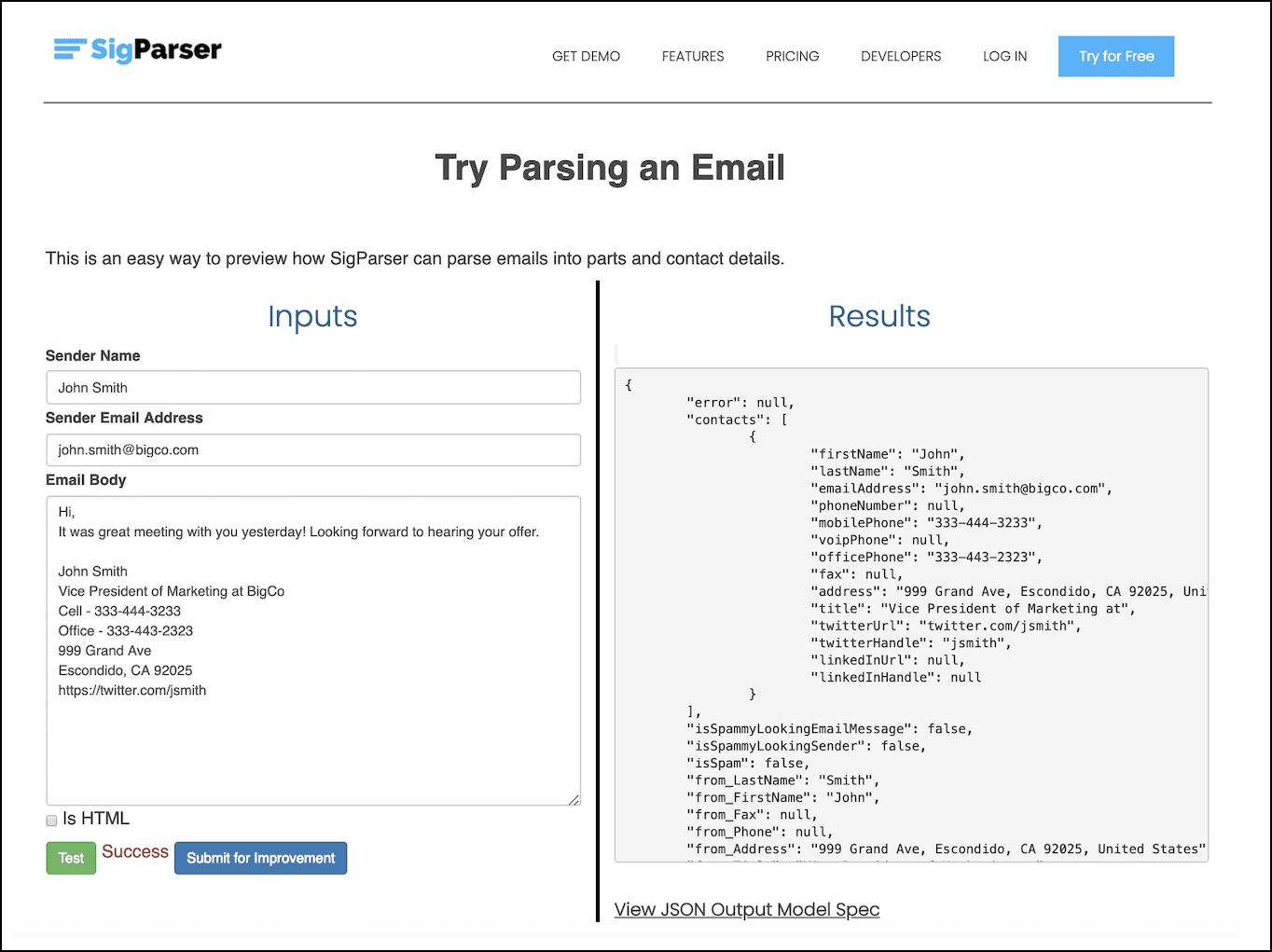 L’application SigParser vous permet de fournir un exemple d’e-mail et d’afficher un aperçu des métadonnées qu’elle est en mesure de déterminer sur l’e-mail.