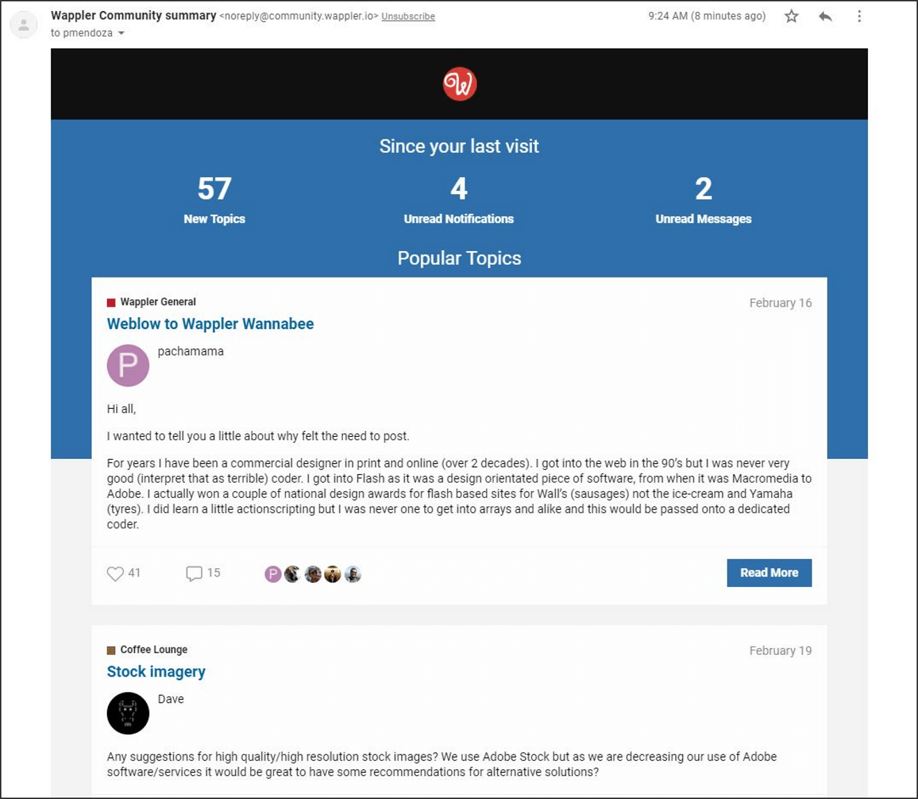 示例电子邮件来自 noreply 电子邮件地址,并已生成有关未读通知等的信息。