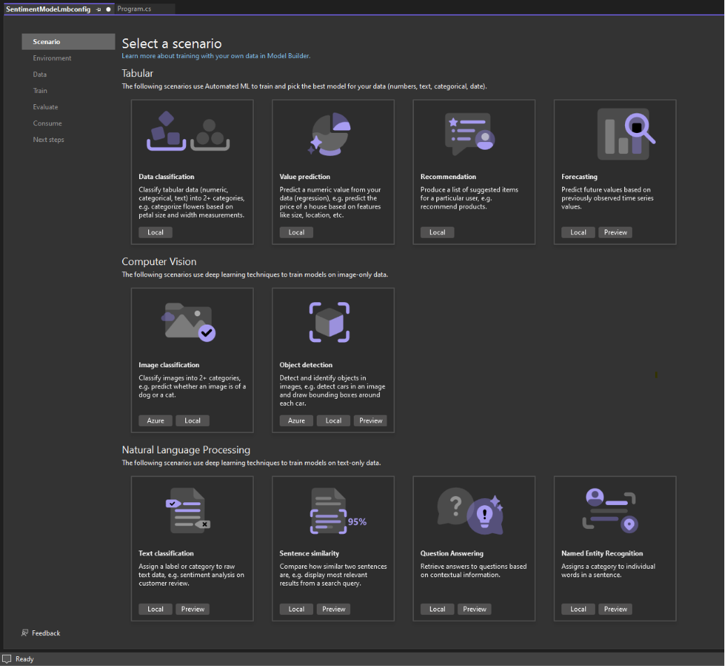 Screenshot of the Select a scenario tab in Visual Studio showing the different scenarios supported in Model Builder.