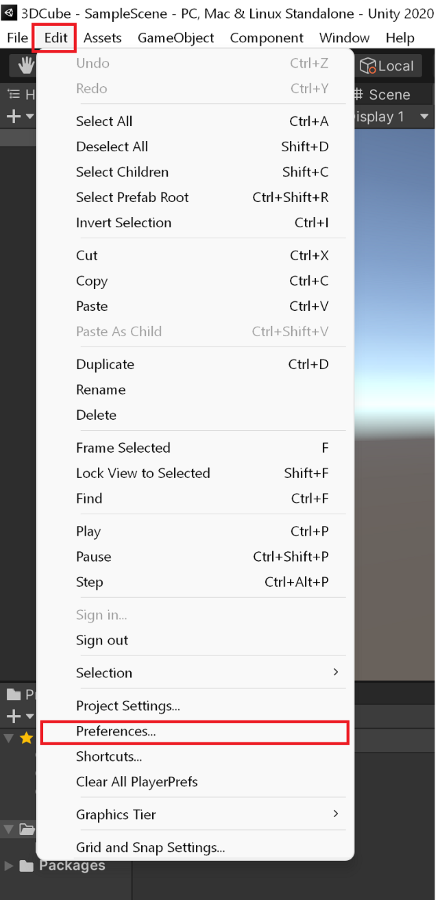 Preferências do Unity no menu Editar