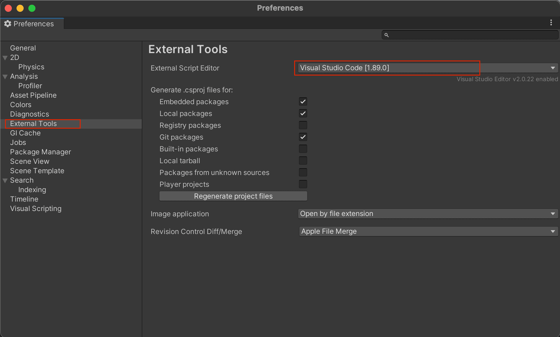 Janela de diálogo de preferências do Unity com o Visual Studio Code escolhido como editor externo