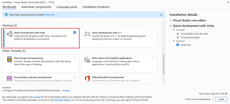Diálogo de carga de trabalho do Visual Studio com o desenvolvimento do jogo com a selecionada carga de trabalho do Unity