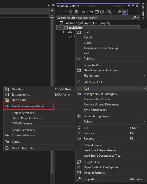 Captura de tela do Visual Studio mostrando o Modelo de Machine Learning selecionado.