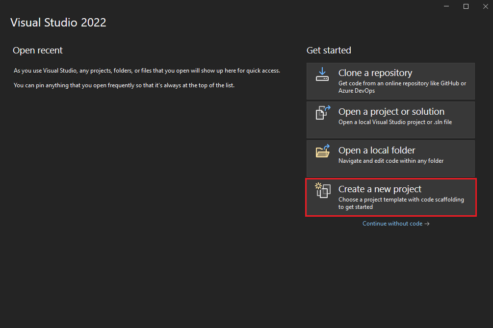 Visual Studio는 4가지 시작 옵션을 제공하며 마지막 옵션은 새 프로젝트를 만들고 사용하려는 옵션입니다.