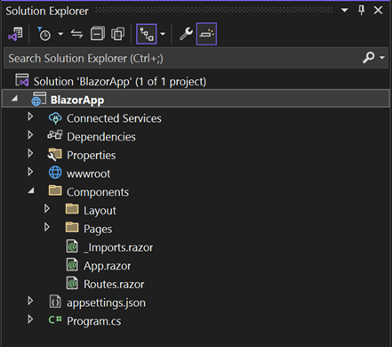 Solution Explorer contains a list of folders and files created for your project
