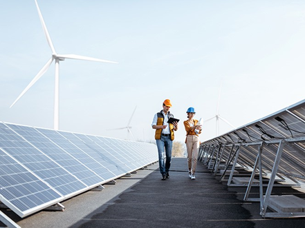 Two people with hard-hats on walking in field of solar panels and wind turbines