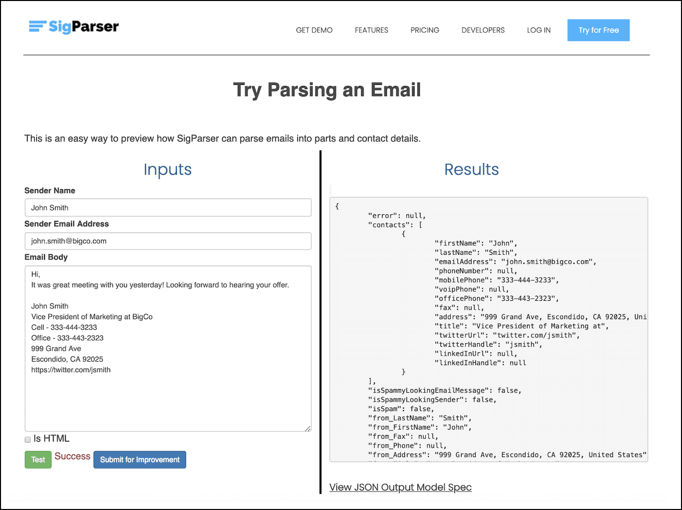 O aplicativo SigParser permite que você forneça um email de exemplo e visualize os metadados que ele pode determinar sobre o email.