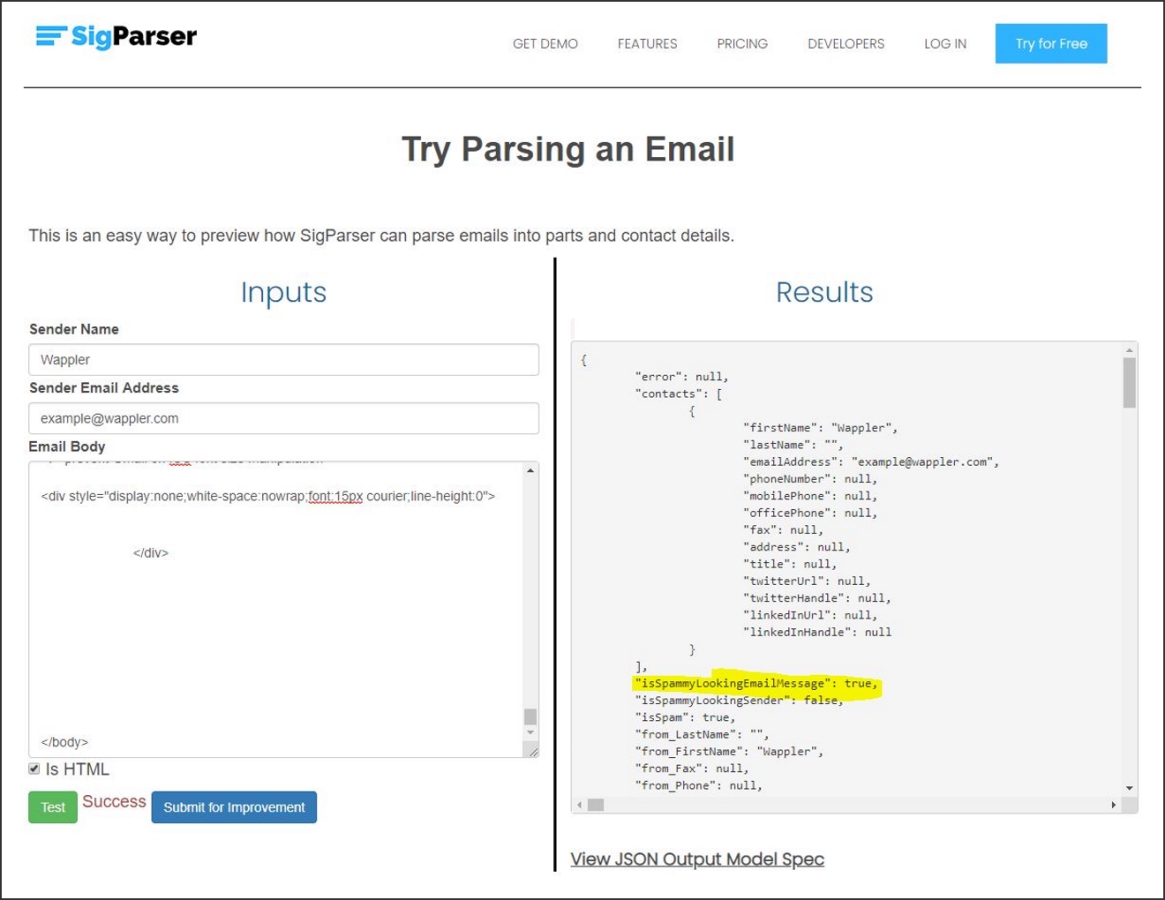 SigParser classifica o email de amostra como uma 'mensagem de email com aparência de spam', usando seu modelo ML.NET