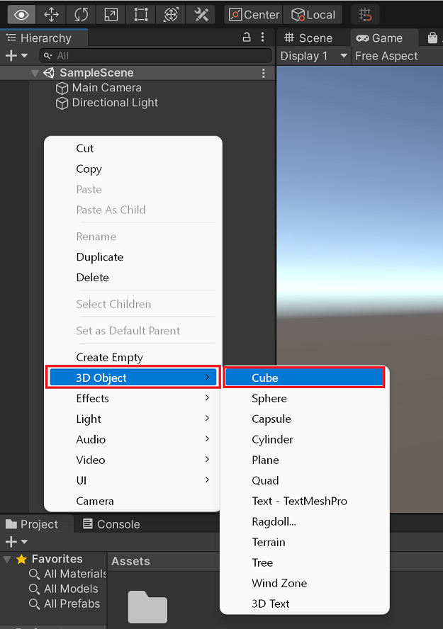 The Unity editor, with the 3D object and Cube menu options selected