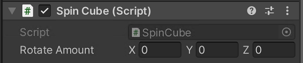 Unity インスペクター ウィンドウの x、y、z の編集可能な値を表示する、回転型キューブ コンポーネント
