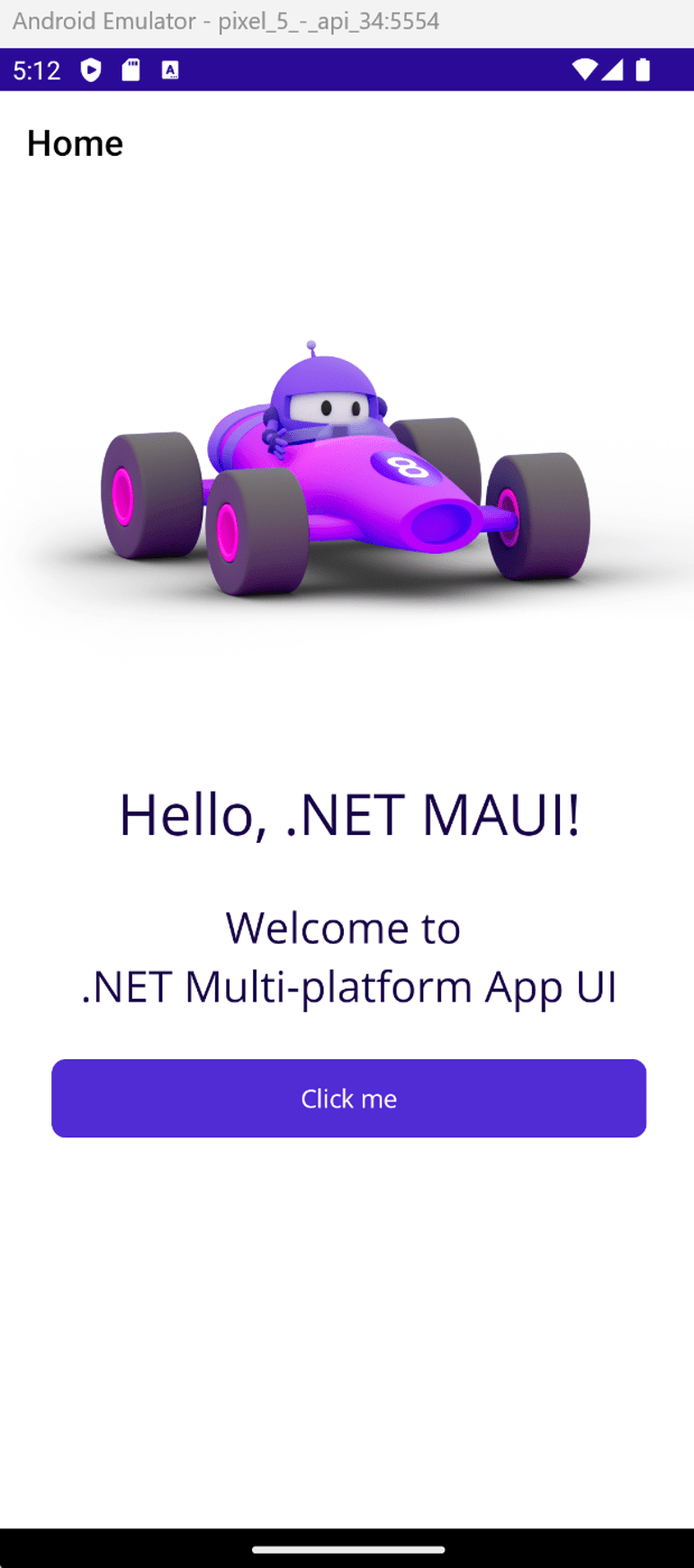 .NET MAUI アプリを実行している Android Emulator。'Hello, World!' メッセージが表示されます。