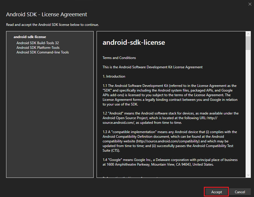 Mensaje de Android SDK que solicita al usuario instalar una versión de Android SDK específica para compilar el proyecto.