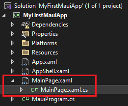 Seleção suspensa para exibir o código em relação a MainPage.xaml
