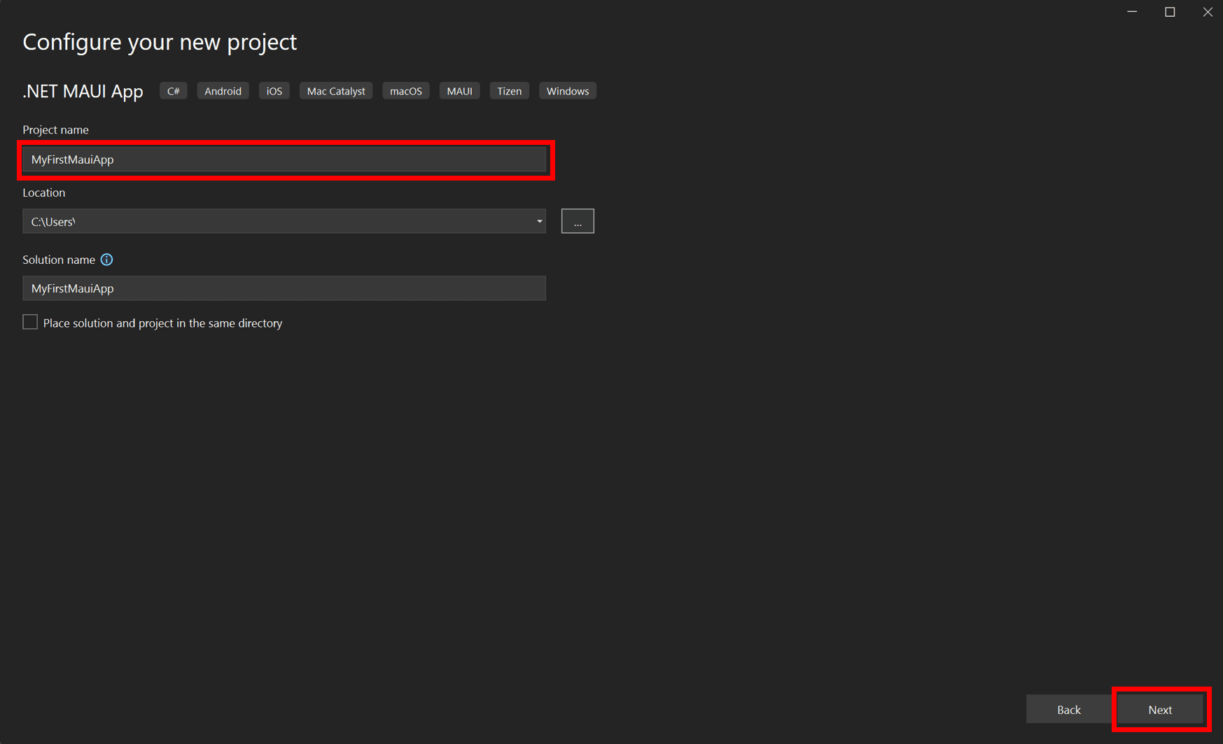 Visual Studio で MyFirstMauiApp をプロジェクト名として使用して新しいプロジェクト ダイアログを構成する