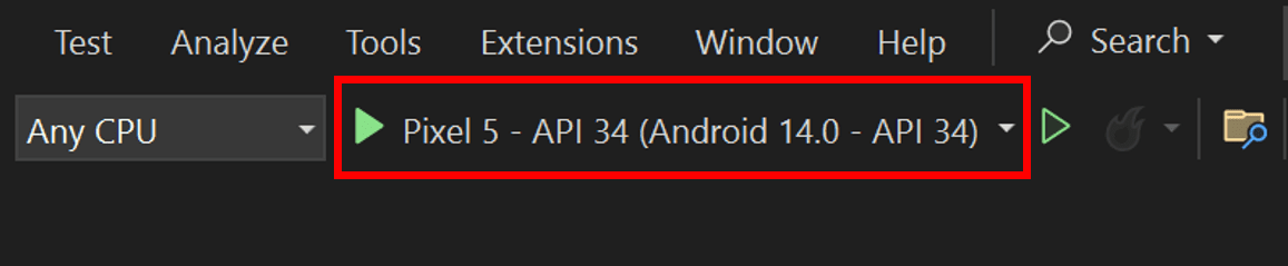 Visual Studio 2022 工具栏菜单，其中显示了新建的 Android emulator 为调试目标。