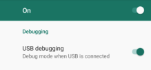 개발자 설정 정보 화면의 Android 장치 설정 화면에 USB 디버깅 옵션이 켜져 있는 상태입니다.