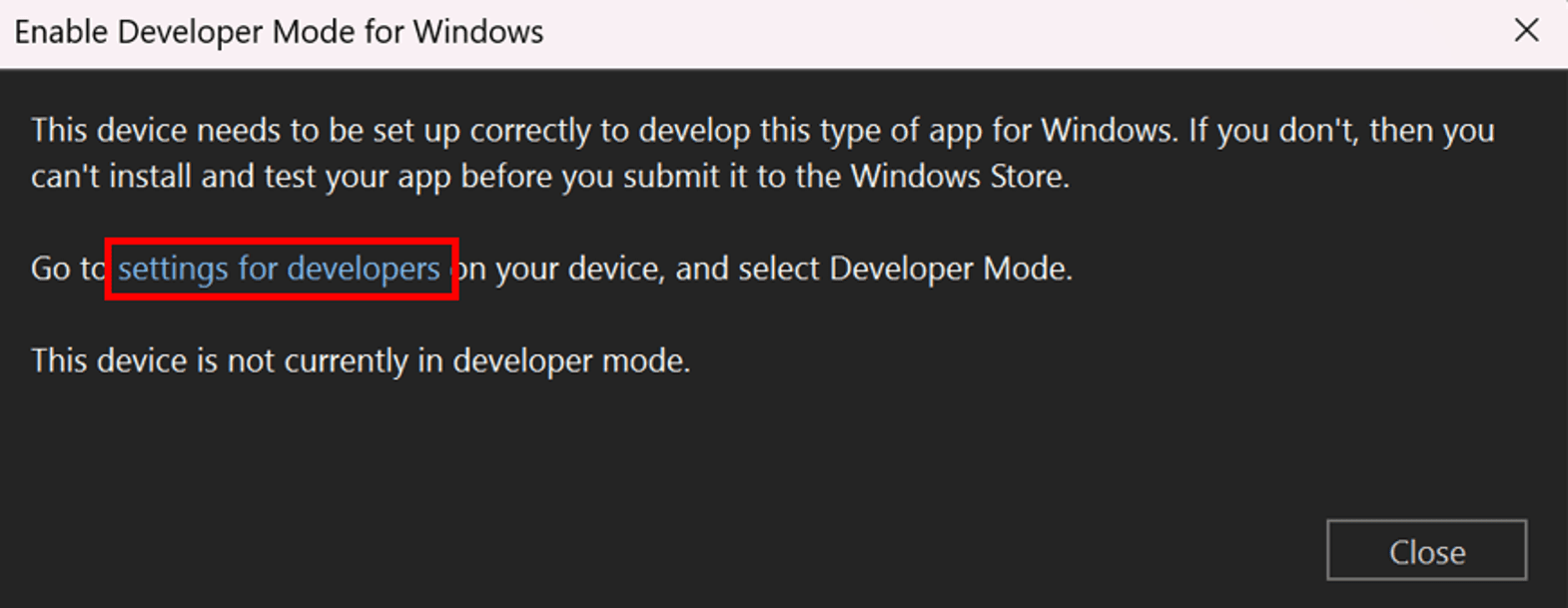 Cuadro de diálogo de Habilitar el modo de desarrollador para Windows.