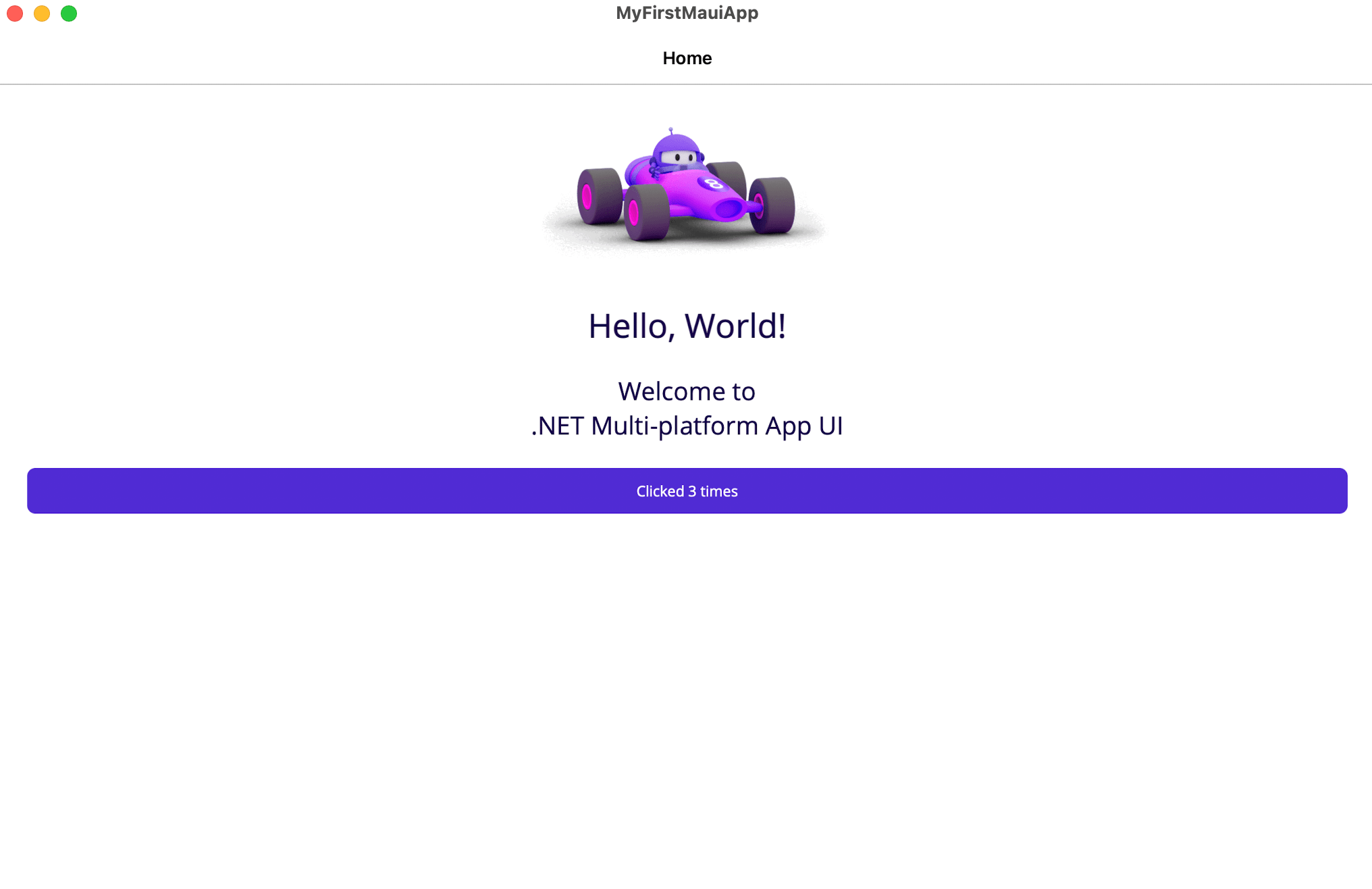 .NET MAUI app running on Mac. A 'Hello, World!' message is displayed.