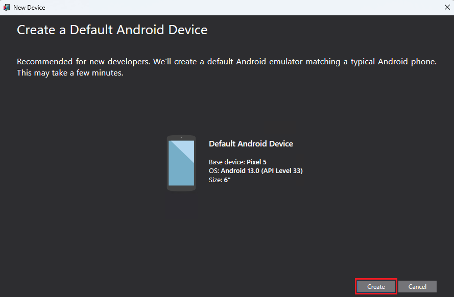 Cuadro de diálogo para crear un nuevo emulador de Android con la configuración predeterminada rellenada.