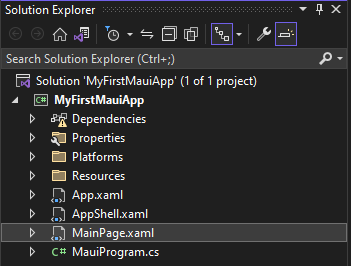 突出显示 MainPage.xaml 文件的“解决方案资源管理器”窗格。