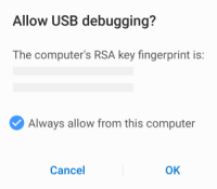 Prompt do dispositivo Android para permitir a depuração USB no dispositivo do computador.