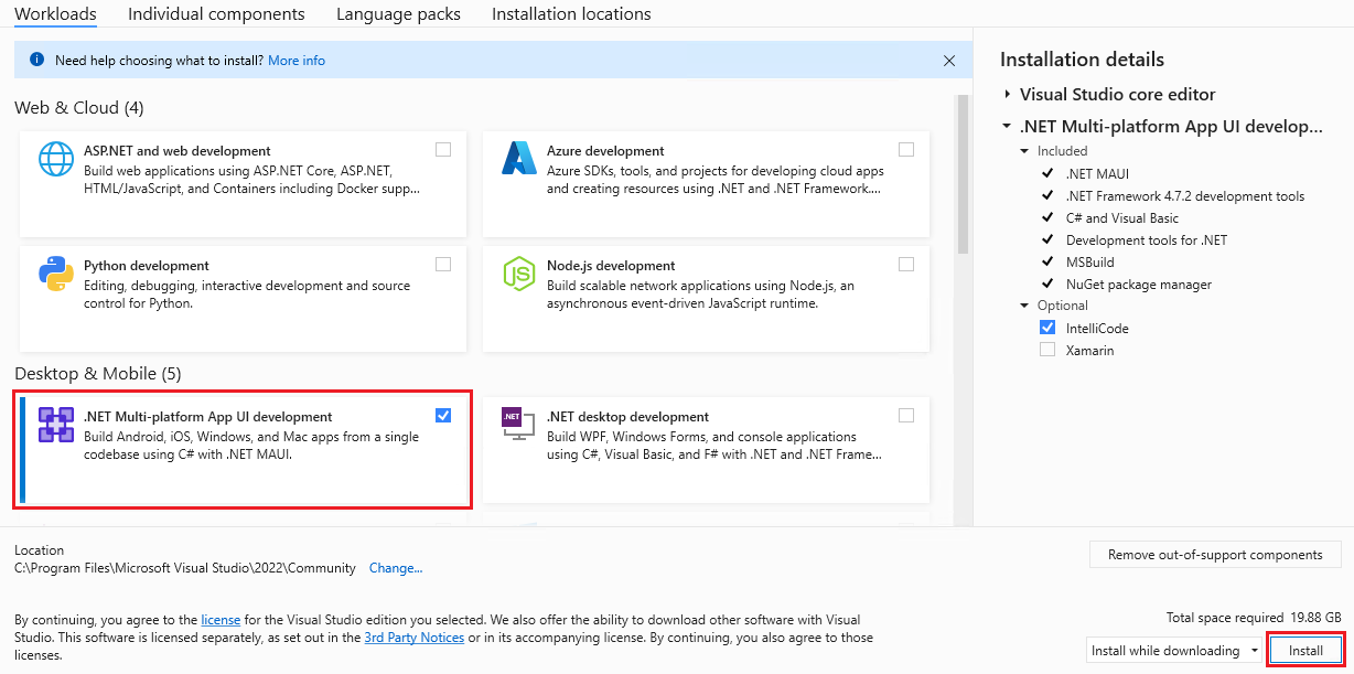Instalador do Visual Studio com o desenvolvimento móvel com a carga de trabalho do .NET selecionada
