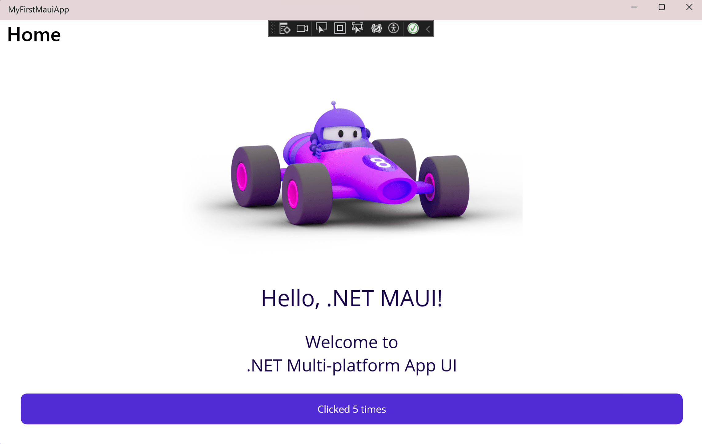 .NET MAUI 앱을 실행하는 Windows. '안녕하세요, .NET MAUI!' 메시지는 핫 다시 로드로 업데이트될 때 표시됩니다.