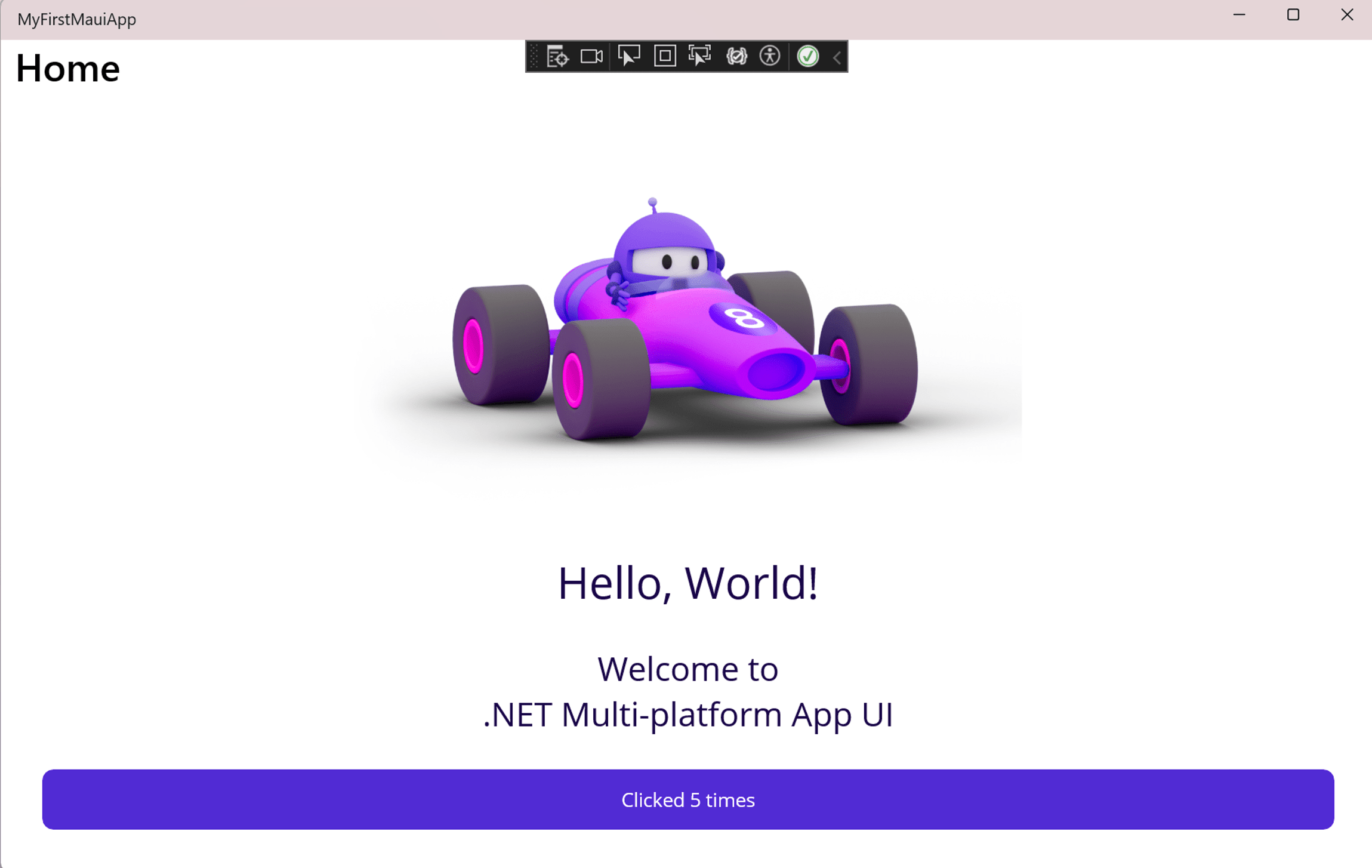 Windows에서 실행 중인 .NET MAUI 앱. 'Hello, World!' 메시지가 표시됩니다.