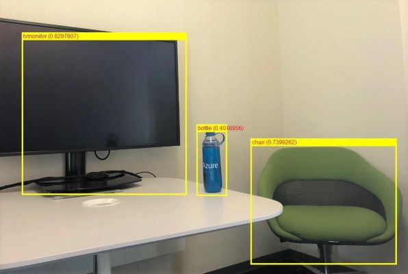 ML.NET은 ONNX를 사용하여 사진에서 TV, 물병, 의자를 감지했습니다.